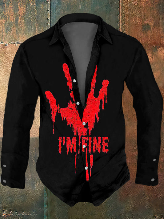 Men's Halloween Blood Palm Print Casual Long Sleeved Shirt