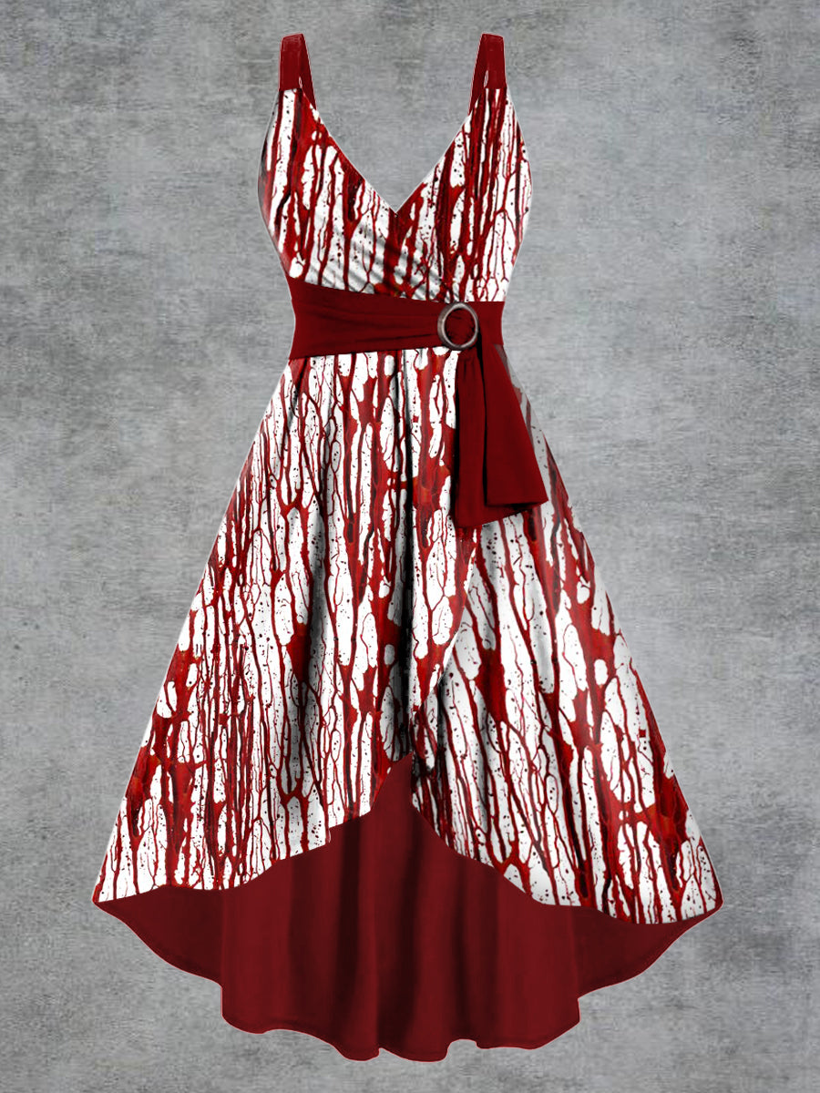 Women's Gothic Blood Print V-neck Belt Camisole Dress