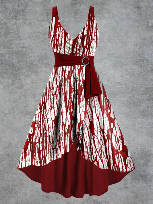 Women's Gothic Blood Print V-neck Belt Camisole Dress