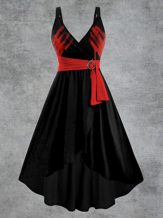Women's Gothic Hand Blood Print V-neck Belt Camisole Dress