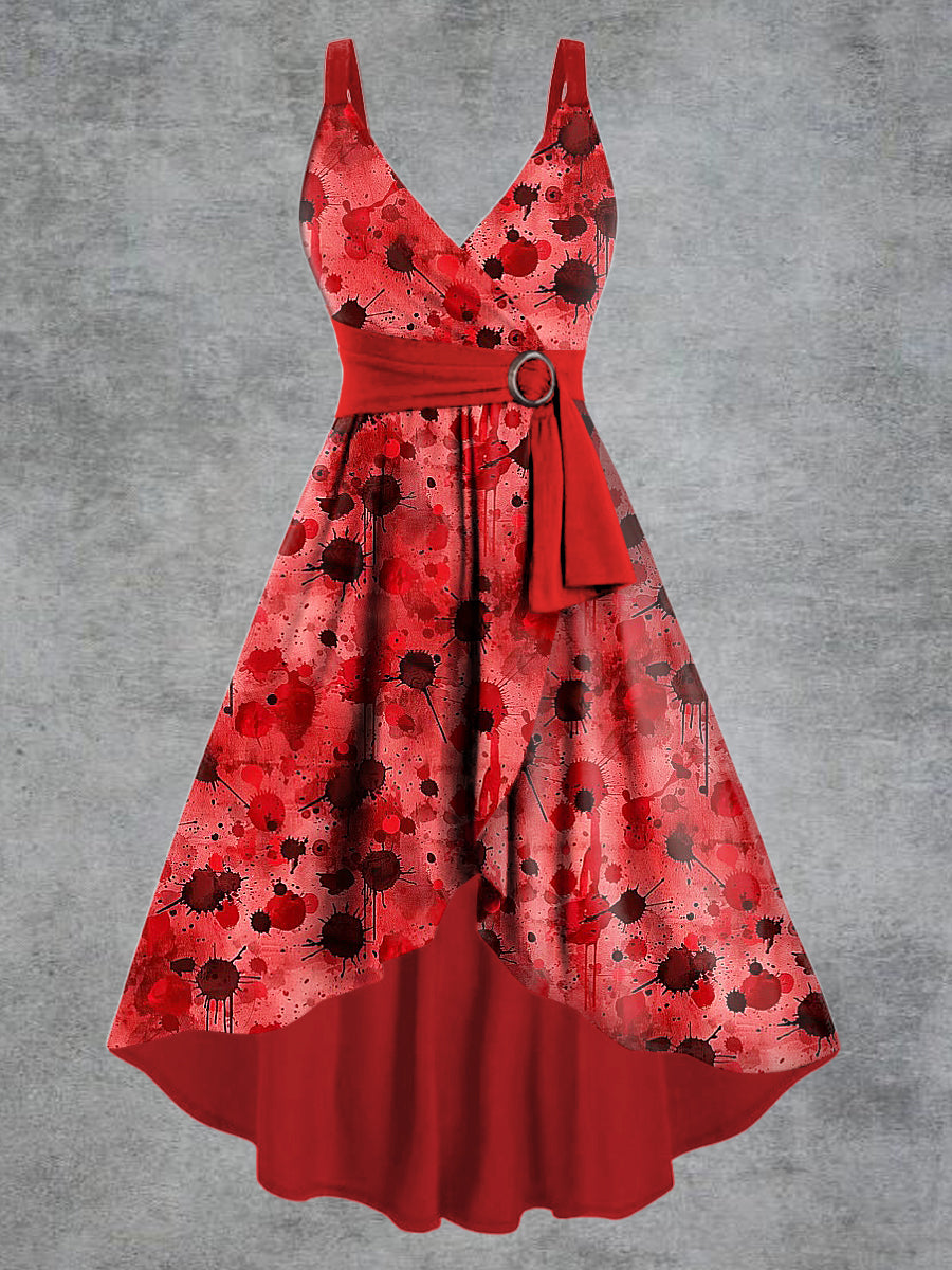 Women's Gothic Blood Print V-neck Belt Camisole Dress