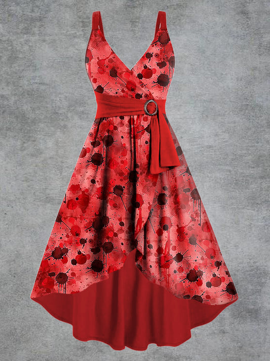 Women's Gothic Blood Print V-neck Belt Camisole Dress