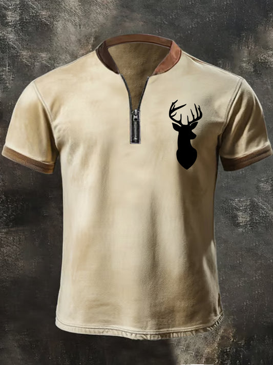 Men's Retro Western Antler Print Casual Zipper Top