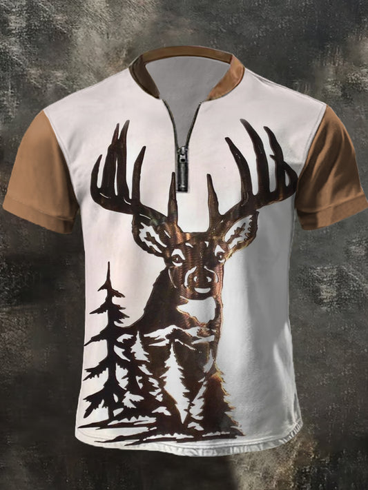 Men's Retro Western Deer Print Casual Zipper Top
