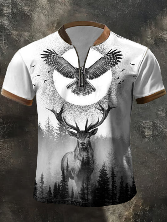 Men's Retro Deer Print Casual Zipper Top