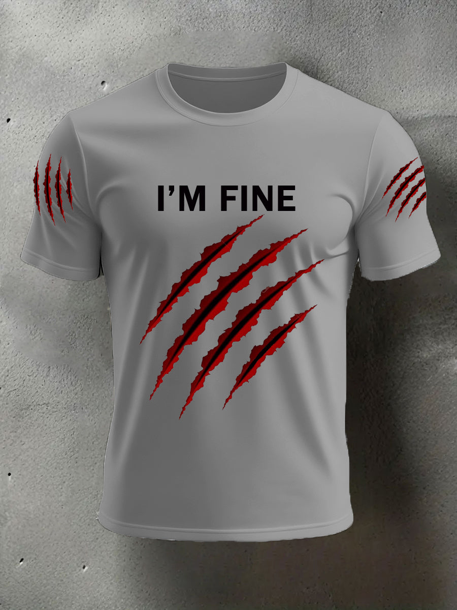 Men's Funny Halloween I'm Fine Scratch Print Casual Tee