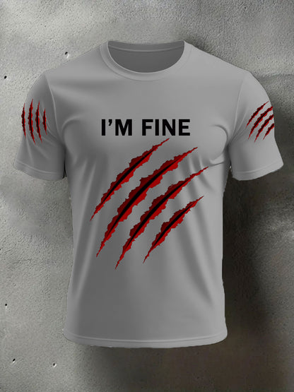 Men's Funny Halloween I'm Fine Scratch Print Casual Tee
