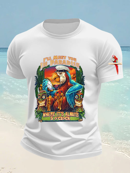 Men's Funny It's 5 O'clock Somewhere Parrot Printed Short Sleeve Tee