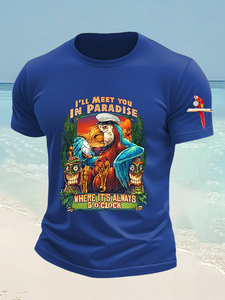 Men's Funny It's 5 O'clock Somewhere Parrot Printed Short Sleeve Tee