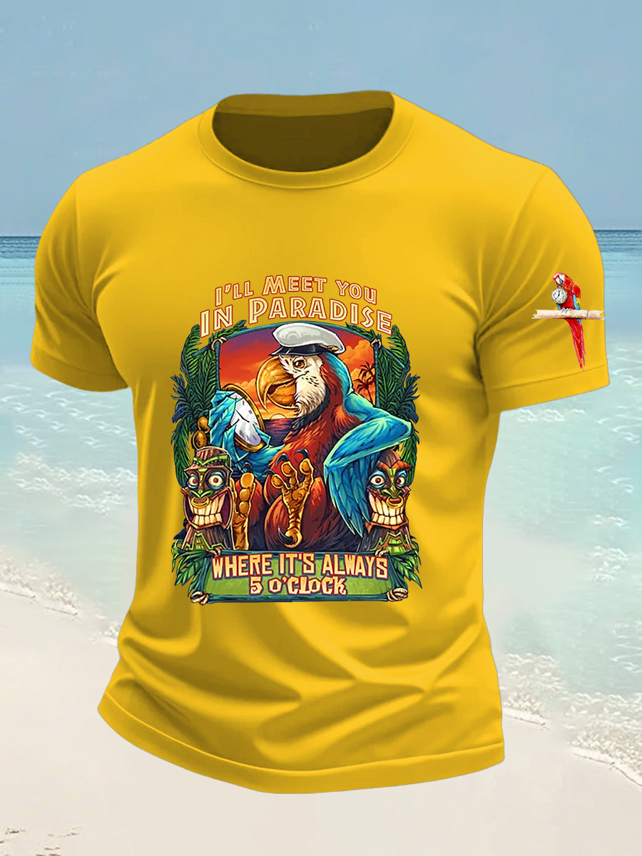 Men's Funny It's 5 O'clock Somewhere Parrot Printed Short Sleeve Tee