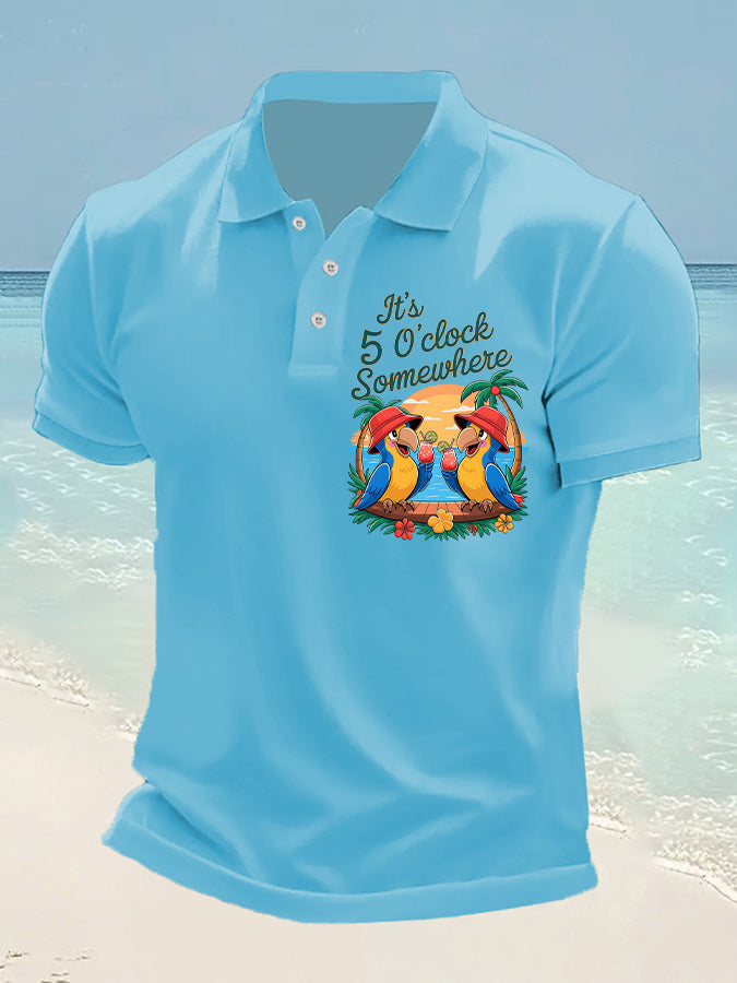 Men's It's 5 O'clock Somewhere Parrot Print Casual Short Sleeve Top