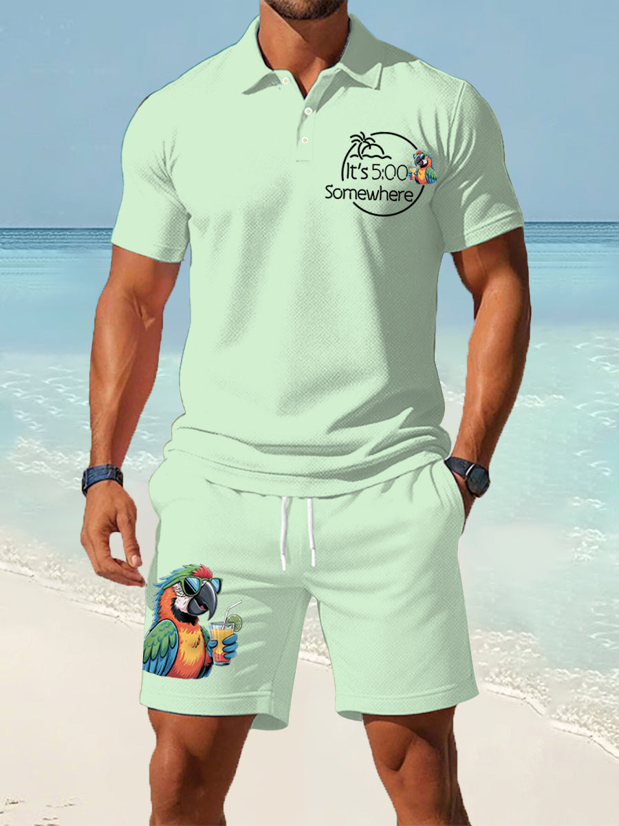 Men's I'm Retired It's 5 O'clock Everywhere Parrot Print Casual Two-Piece Set