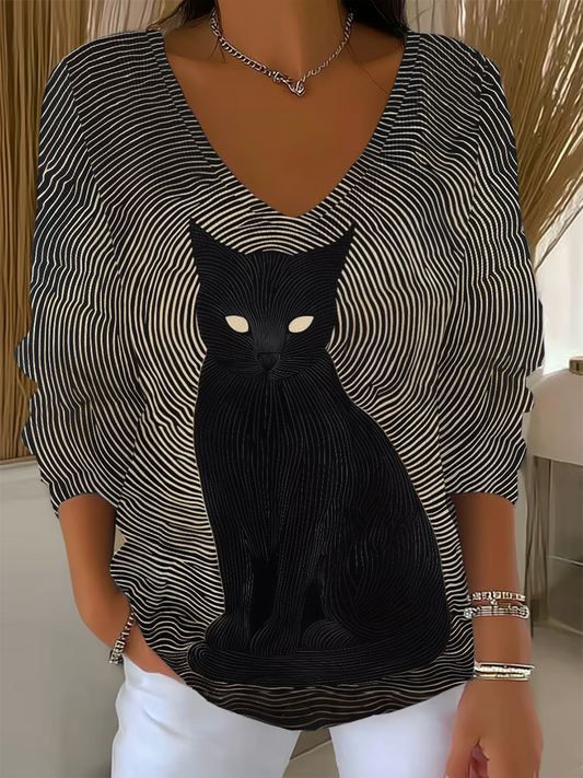 Women's Black Cat Print Casual Top