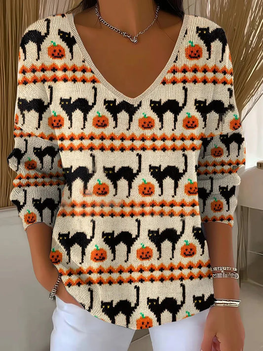 Women's Black Cat Print Casual Top