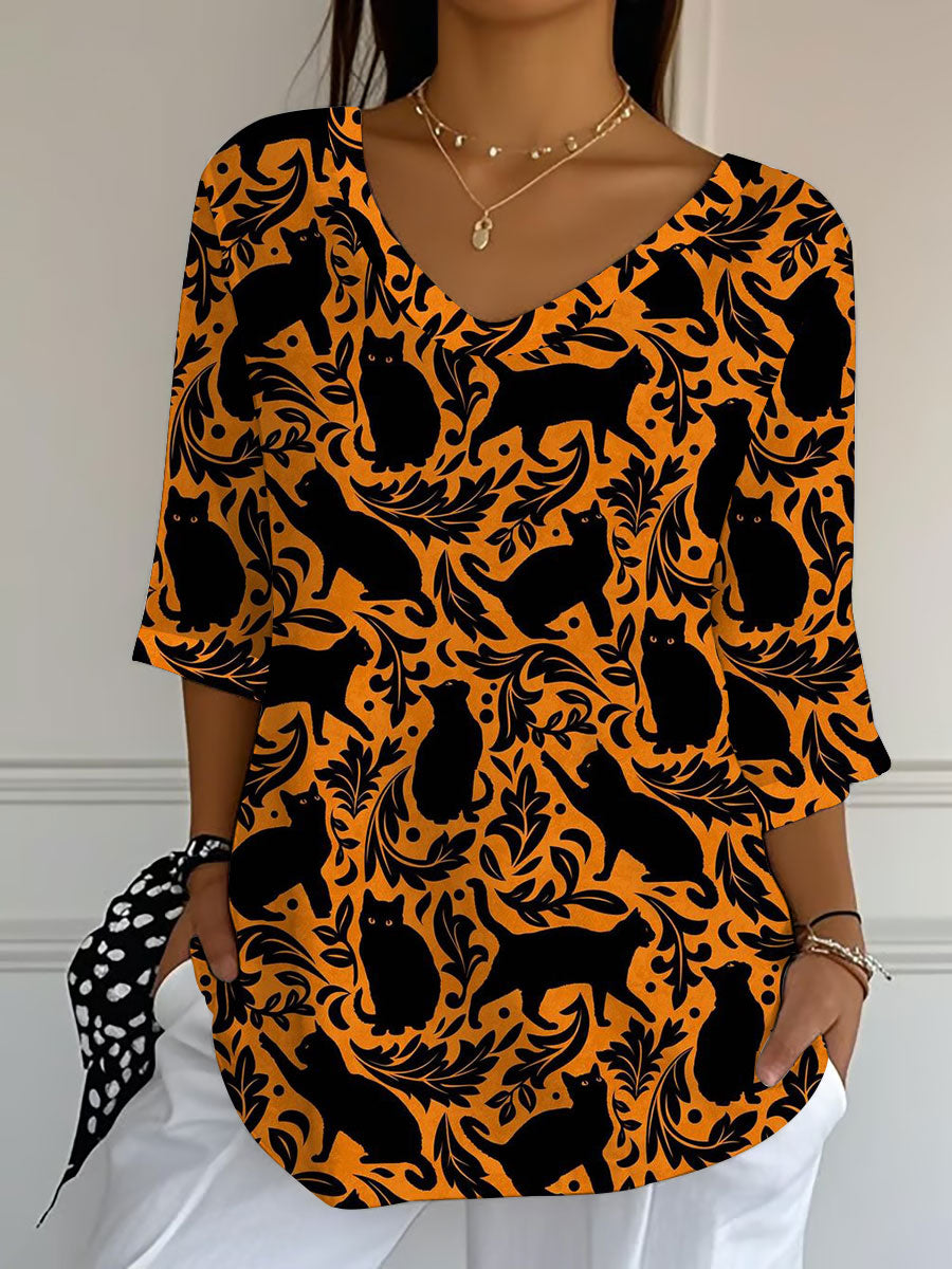 Women's Black Cat Print Casual T-shirt