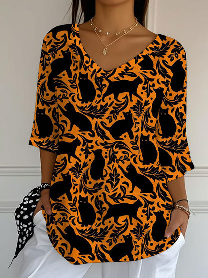 Women's Black Cat Print Casual T-shirt