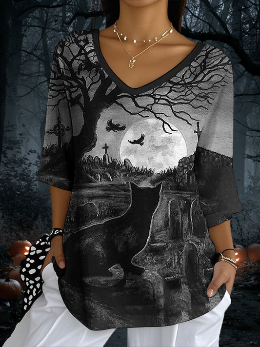 Women's Retro Horror Halloween Cat Printed V-Neck Top