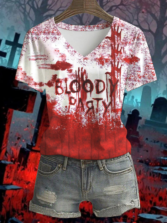 Women's Halloween Horror Handprint Bloodbath Party Print Top