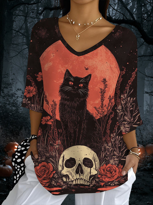 Women's Retro Horror Halloween Skeleton Cat Printed V-Neck Top