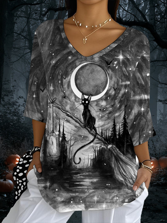 Women's Retro Horror Halloween Cat Printed V-Neck Top