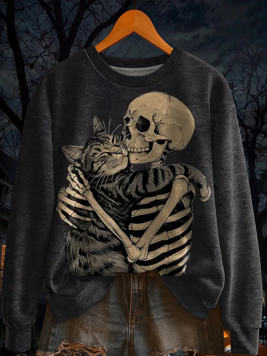 Women's Retro Horror Halloween Skeleton Cat Long Sleeve Sweatshirt