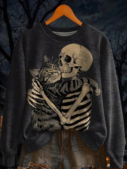 Women's Retro Horror Halloween Skeleton Cat Long Sleeve Sweatshirt