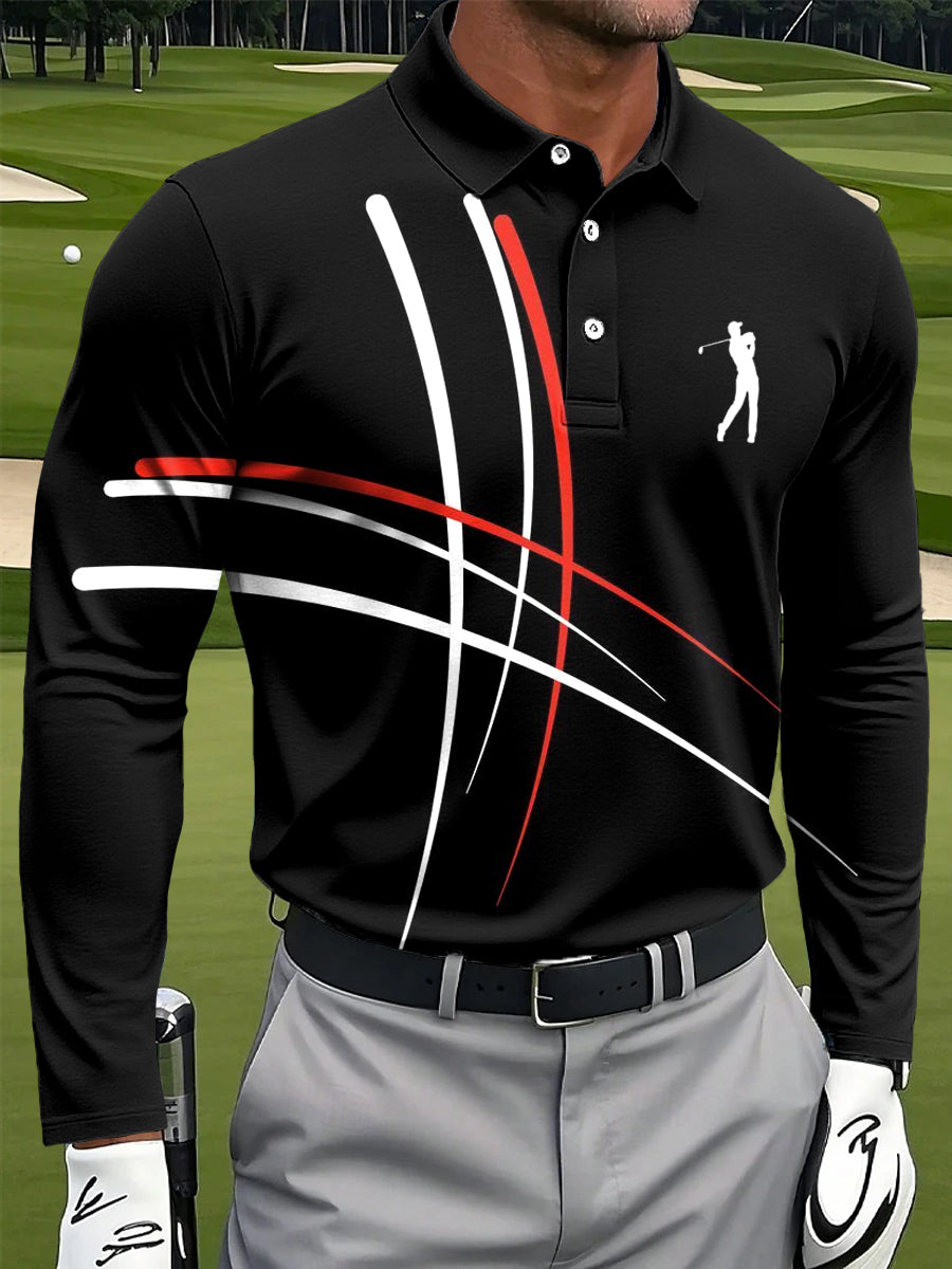 Men's Retro Abstract Line Graffiti Print Casual Business Long-Sleeved Polo Shirt