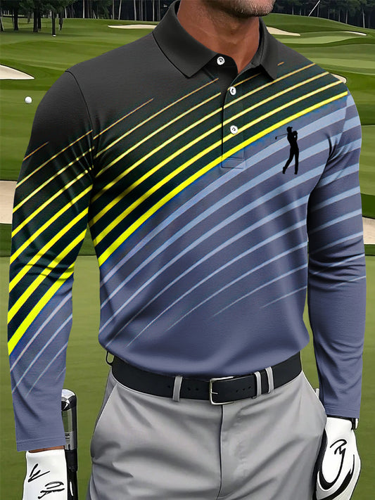Men's Retro Color Gradient Striped Print Casual Business Long-Sleeved Polo Shirt