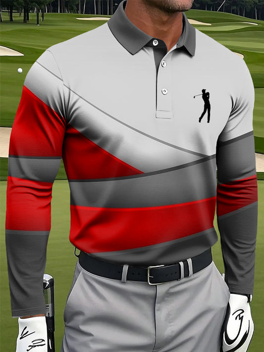 Men's Retro Colorful Striped Art Print Casual Business Long-Sleeved Polo Shirt