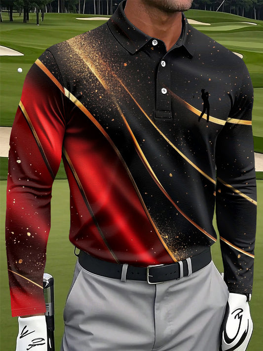 Men's Retro Gold Striped Textured Print Casual Business Long-Sleeved Polo Shirt