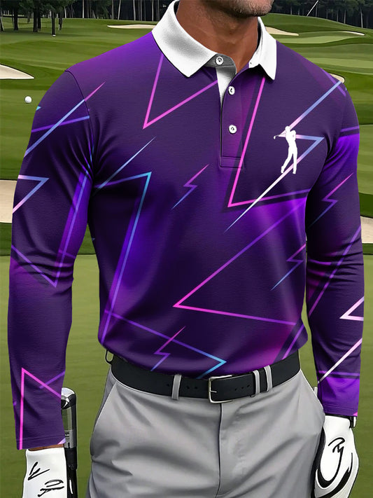 Men's Retro Gradient Lines Geometric Print Casual Business Long-Sleeved Polo Shirt