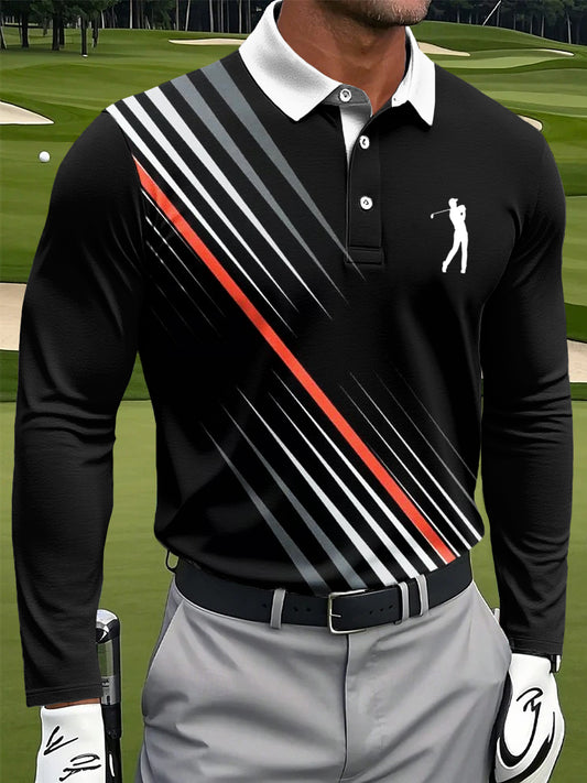 Men's Retro Gradient Striped Print Casual Business Long-Sleeved Polo Shirt