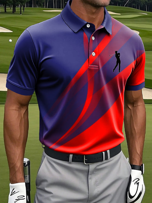 Men's Retro Line Color Block Art Print Casual Business Polo Shirt