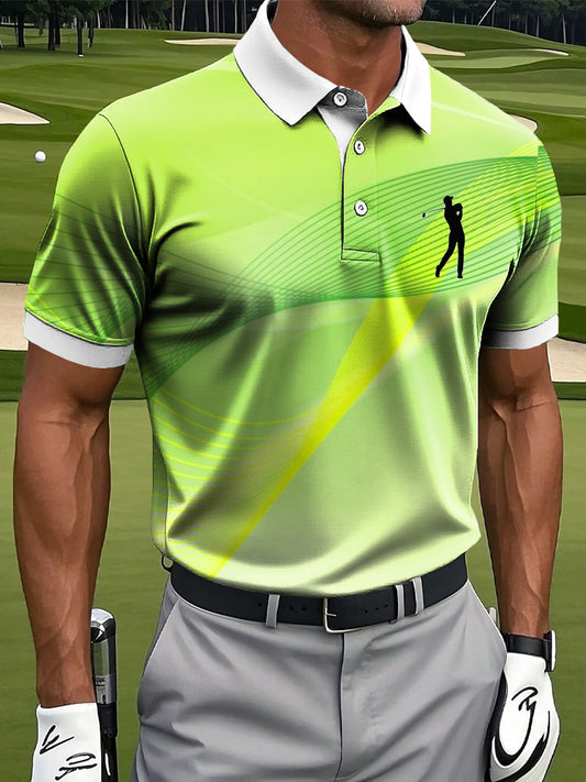 Men's Retro Line Wave Art Print Casual Business Polo Shirt