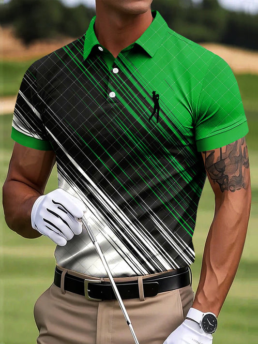 Men's Golf Abstract Stripe Plaid Art Print Casual Business Polo Shirt