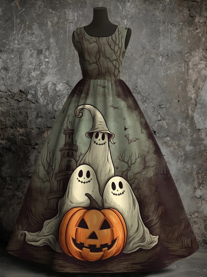 Women's Halloween Ghost Pumpkin Print Vest Dress