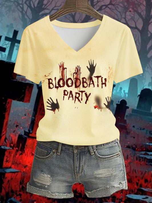 Women's Halloween Horror Handprint Bloodbath Party Print Top