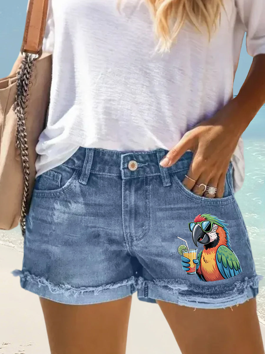 Women's I'm Retired It's 5 O'clock Everywhere Parrot Print Casual Denim Shorts