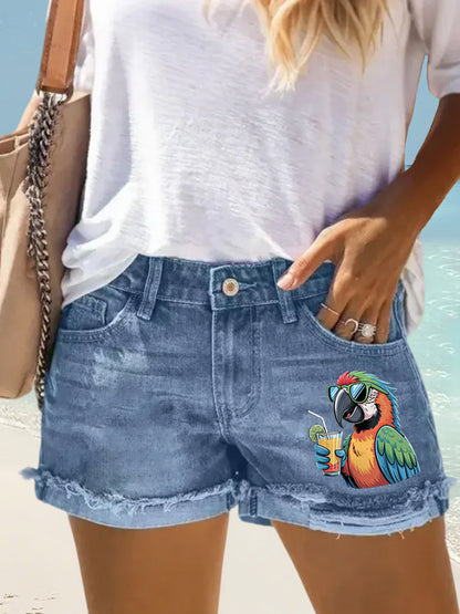 Women's I'm Retired It's 5 O'clock Everywhere Parrot Print Casual Denim Shorts