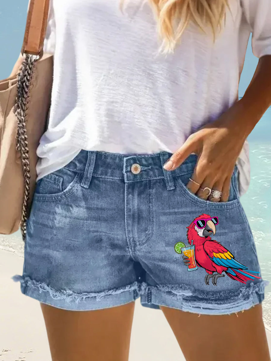 Women's I'm Retired It's 5 O'clock Everywhere Parrot Print Casual Denim Shorts