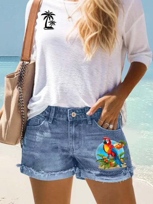 Women's It's 5 O'clock Somewhere Parrot Print Casual Denim Shorts