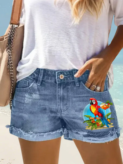 Women's It's 5 O'clock Somewhere Parrot Print Casual Denim Shorts