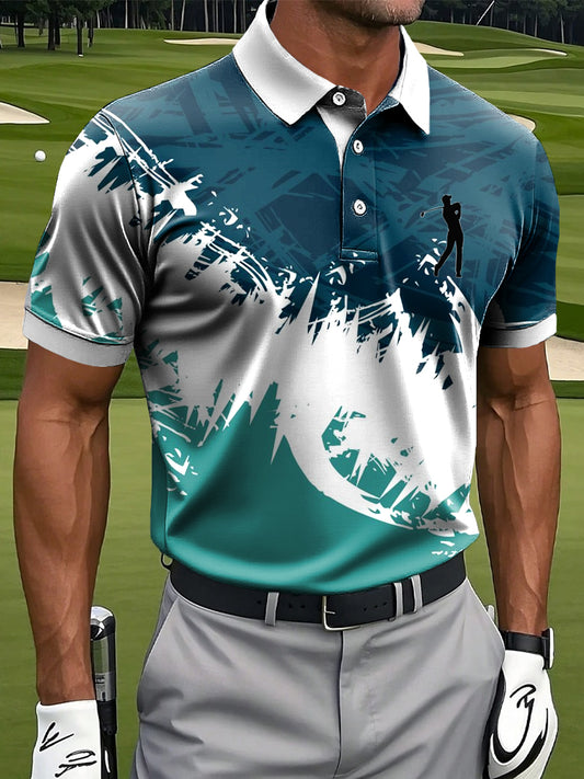 Men's Retro Abstract Color Block Art Print Casual Business Polo Shirt