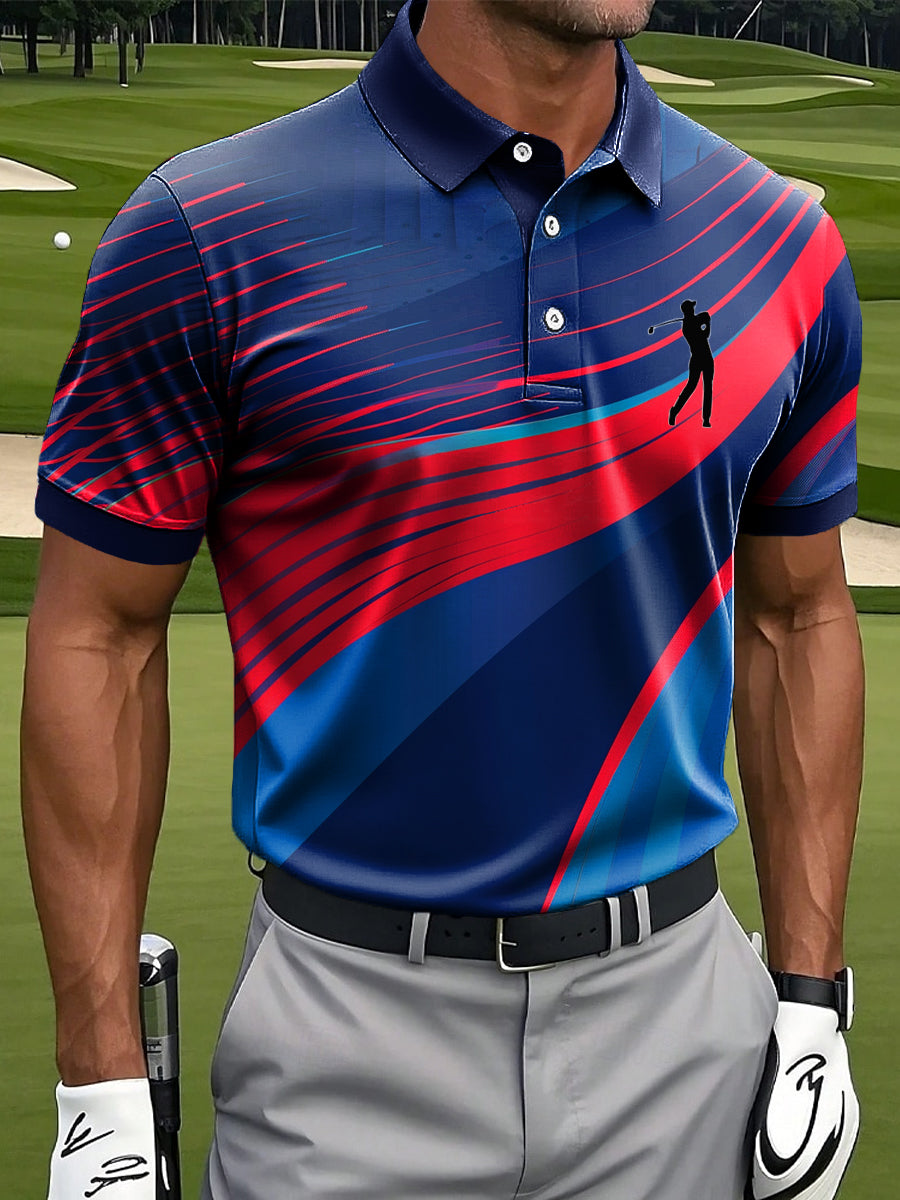 Men's Retro Abstract Gradient Line Art Print Casual Business Polo Shirt