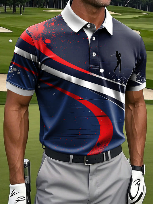 Men's Retro Abstract Irregular Line Art Print Casual Business Polo Shirt