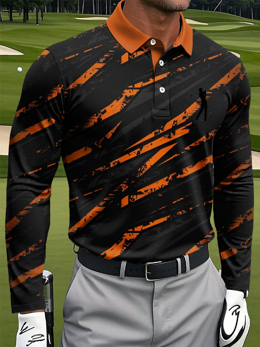 Men's Retro Abstract Line Art Print Casual Business Long Sleeve Polo Shirt