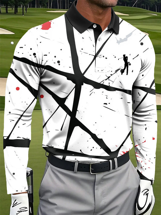 Men's Retro Abstract Line Ink Art Print Casual Business Long Sleeve Polo Shirt