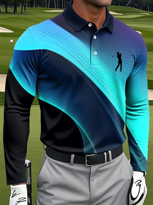 Men's Retro Abstract Texture Art Print Casual Business Long Sleeve Polo Shirt
