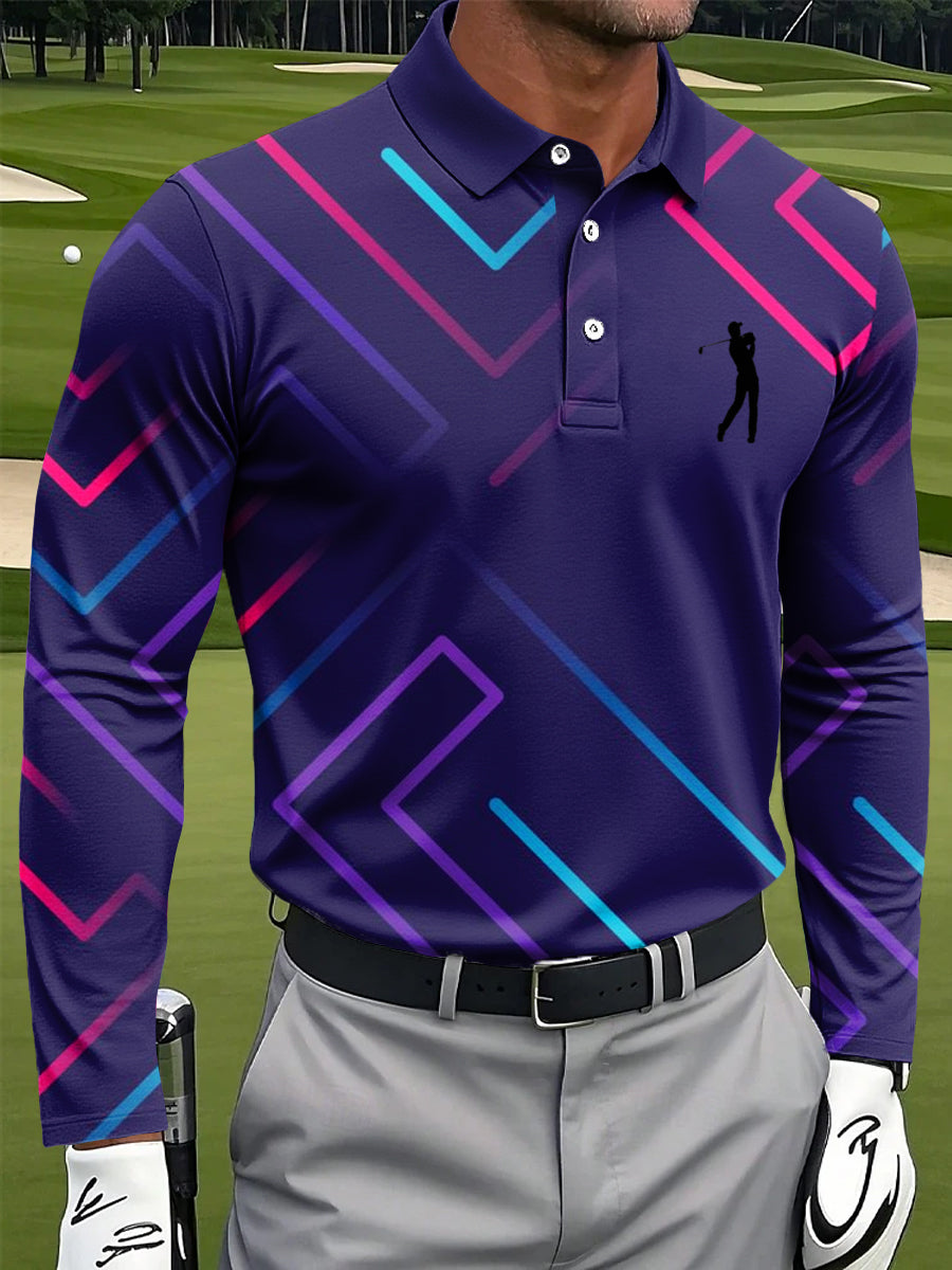 Men's Retro Color Line Art Print Casual Business Long Sleeve Polo Shirt