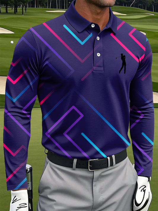 Men's Retro Color Line Art Print Casual Business Long Sleeve Polo Shirt